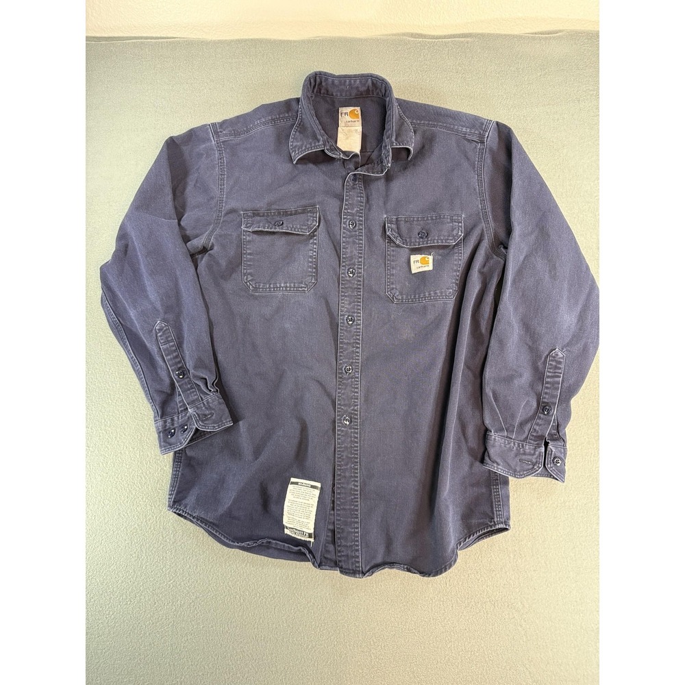 Carhartt FR Shirt Mens Large Blue Twill Flame Resistant Button Up Workwear
